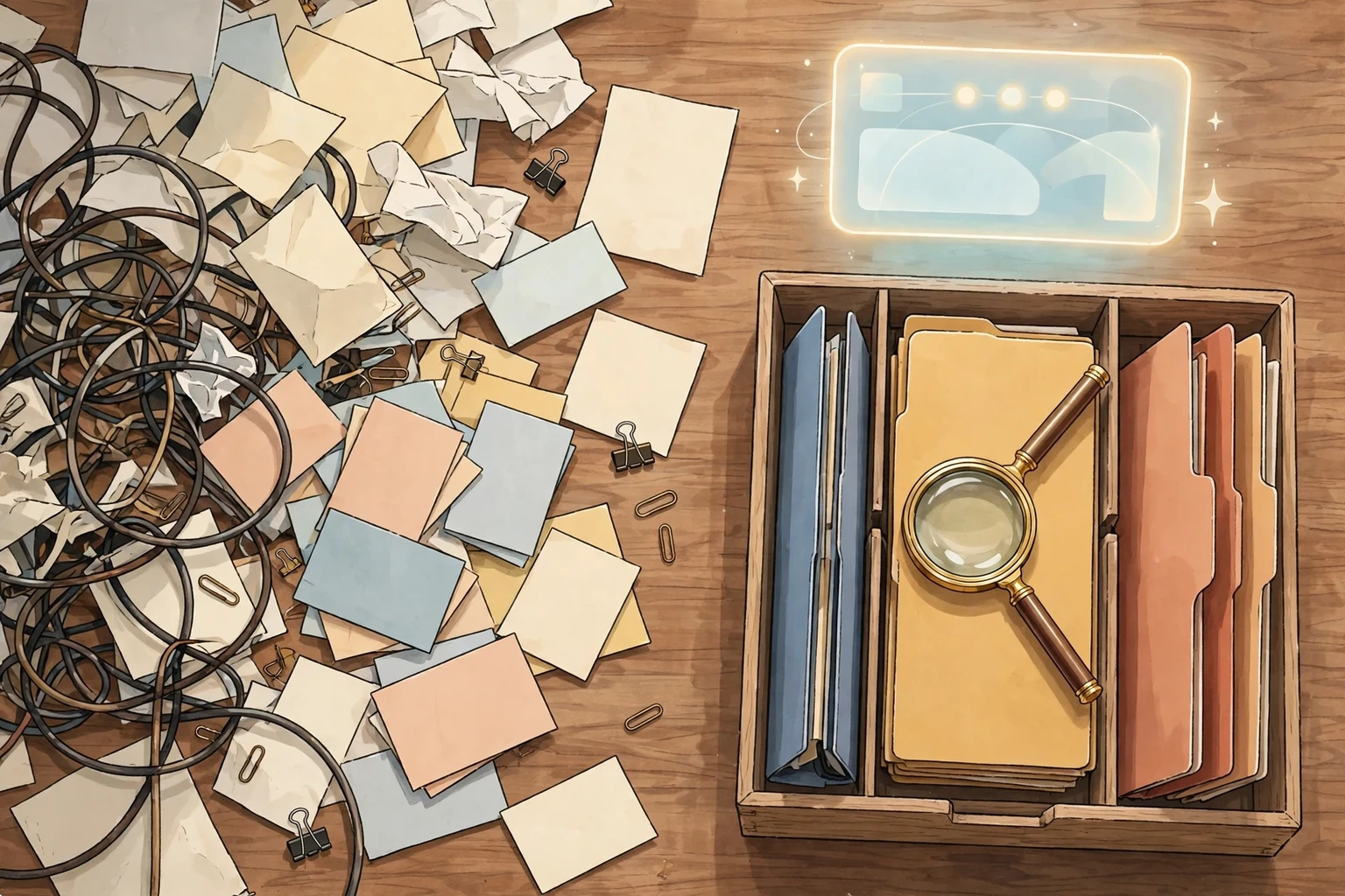 Editorial illustration of a tidy workbench where scattered paper records and tangled cables are being sorted into neat colour-coded folders, with a magnifying glass and a softly glowing assistant panel above the organised side.