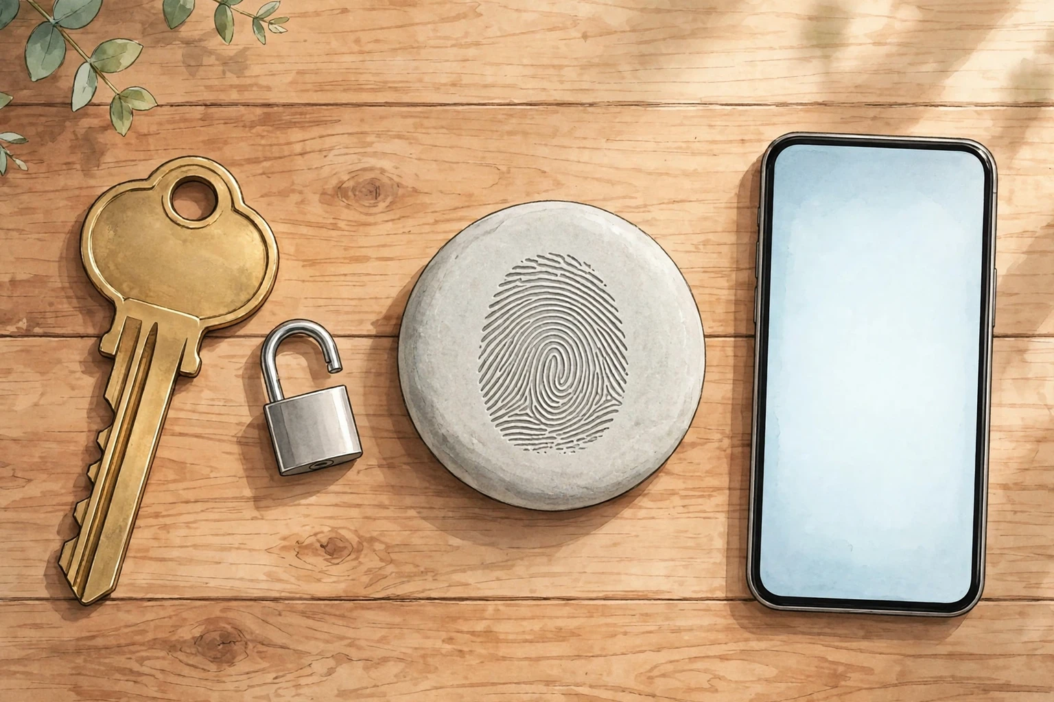 Editorial illustration of a wooden desk holding a large brass key, a small padlock, a round stone disc etched with a fingerprint, and a mobile phone with a blank glowing screen.