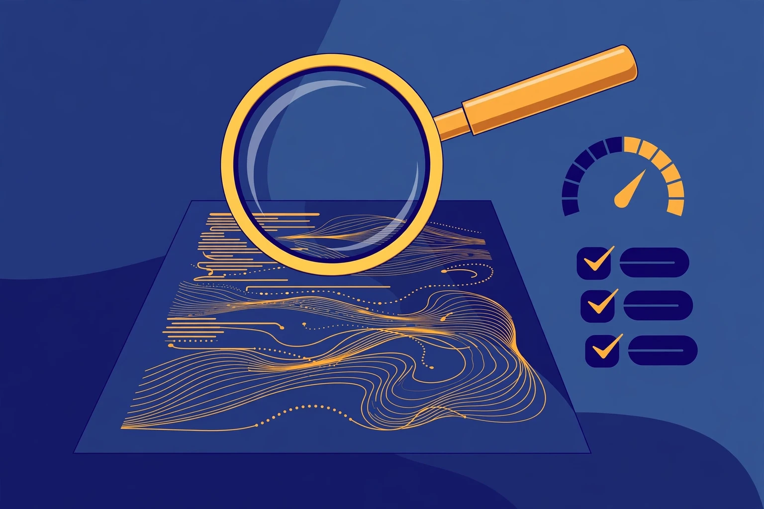 Editorial illustration of a magnifying glass examining flowing lines of AI-generated text on a document, with gauge motifs suggesting measurement