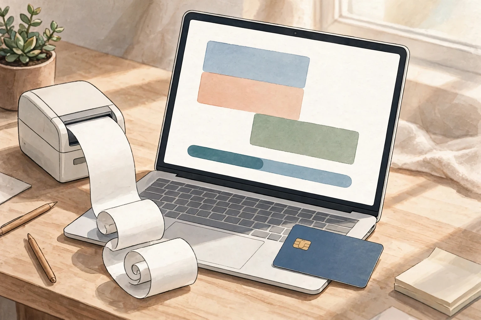 Editorial illustration of a laptop showing an abstract checkout panel, with a plain bank card and a printed receipt on a desk