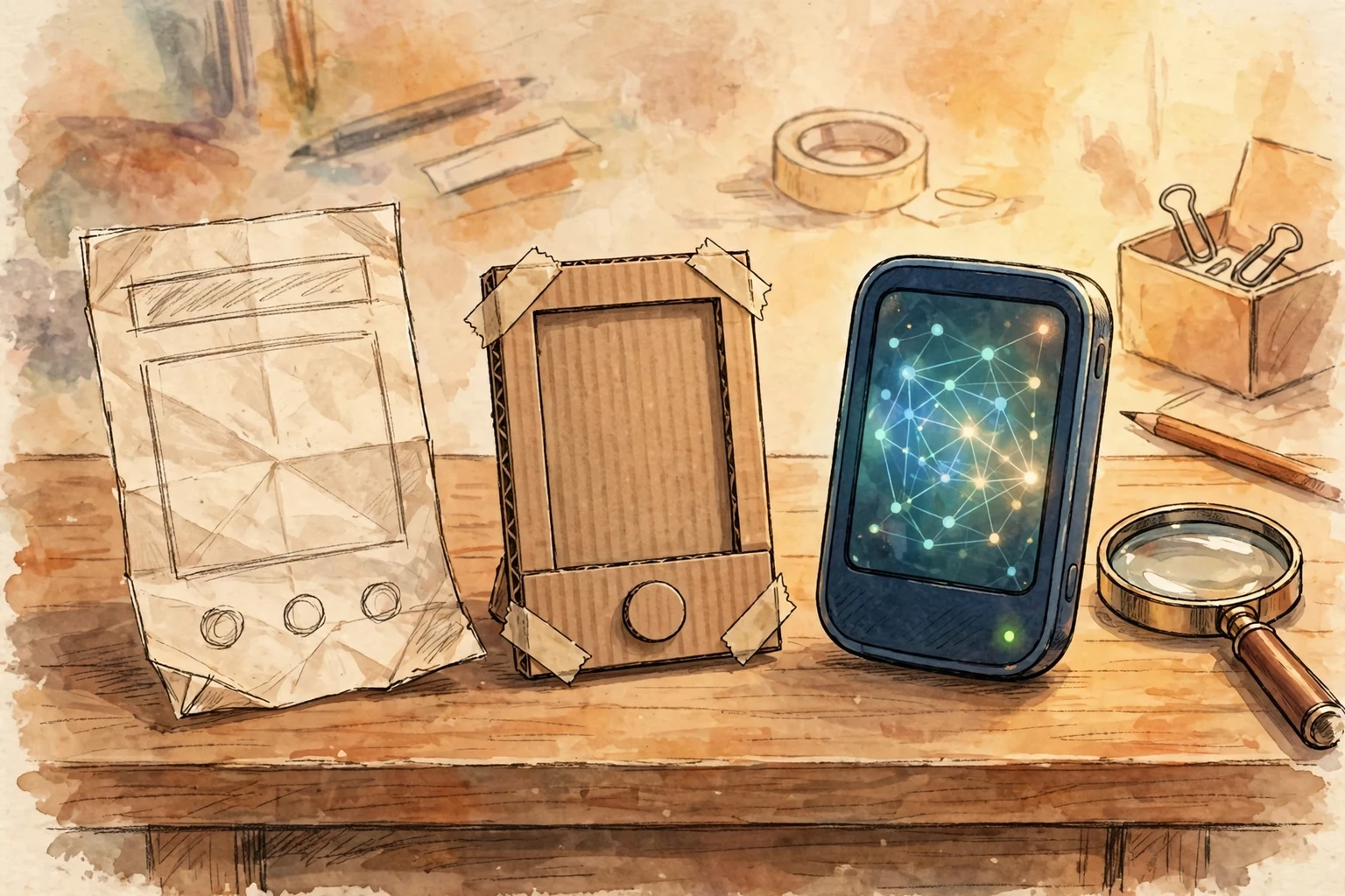 Editorial illustration of a workbench holding three test objects in increasing realism: a paper sketch, a taped cardboard mock-up, and a small working device, with a magnifying glass beside them.