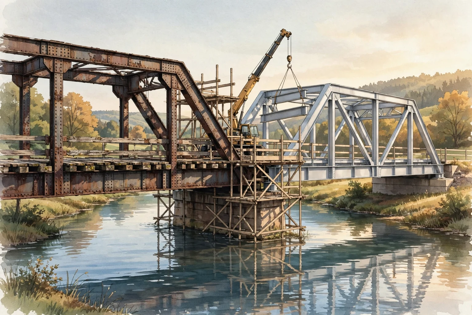 Editorial illustration of a steel truss bridge mid-renovation over a calm river: the left span is old rusted riveted steel while the right span is new clean steel, with wooden scaffolding and a crane lifting a replacement section into place in the middle — symbolising replacing ageing software piece by piece while it keeps running.