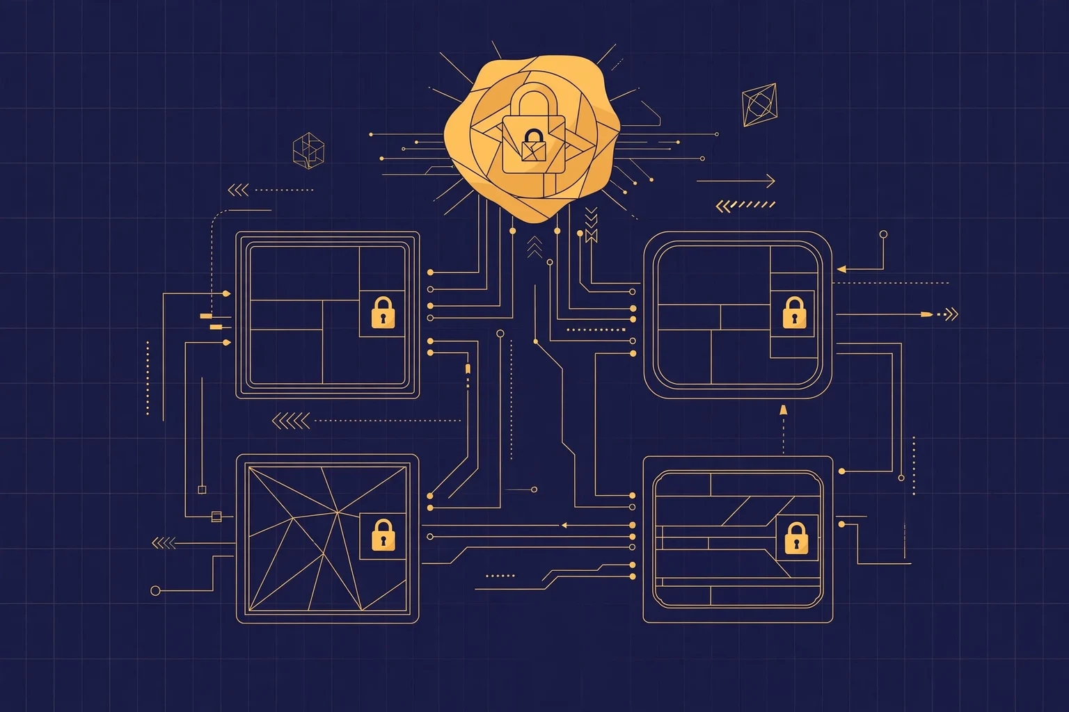 Editorial illustration of gold padlocks guarding separate locked data compartments on a dark navy blueprint background, representing SaaS customer data separation and protection.