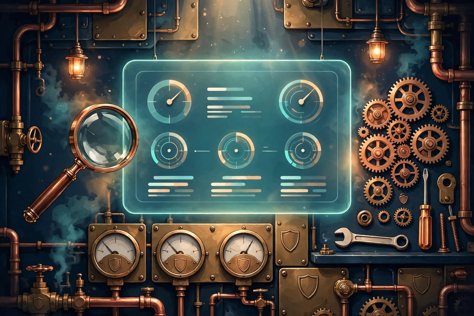 Editorial illustration of a softly glowing application dashboard panel set in a brass-and-copper engine room, tended by a magnifying glass, gauges, gears and tools — symbolising the ongoing care software maintenance keeps a product healthy after launch.