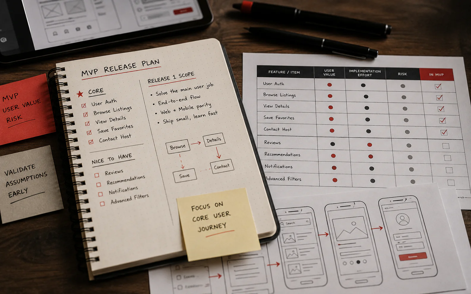 MVP release planning notes and feature prioritization matrix