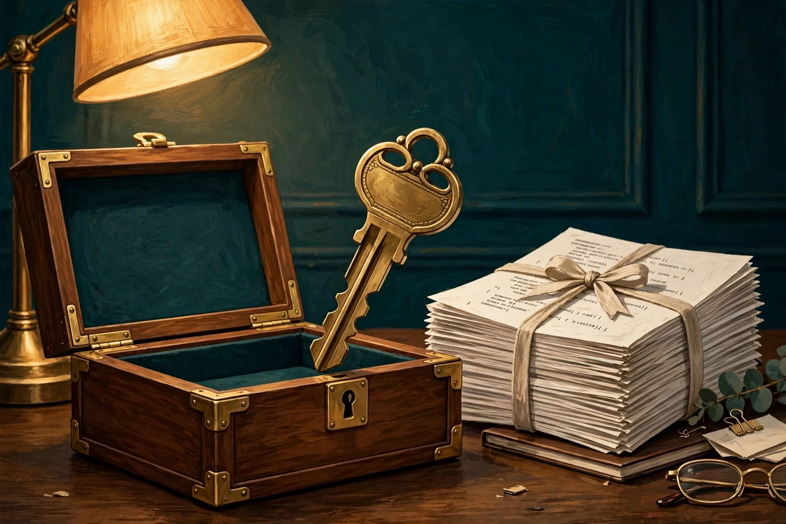 Editorial illustration of a large brass key over an open wooden strongbox, beside a ribbon-tied stack of code documents on a desk, symbolising legal and practical ownership of custom software.