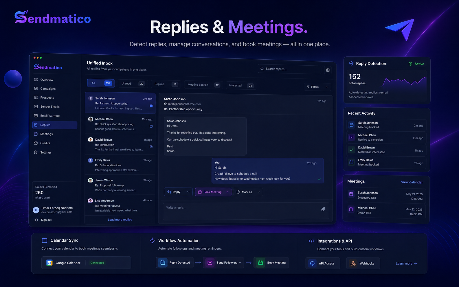 Sendmatico replies and meetings workflow product visual