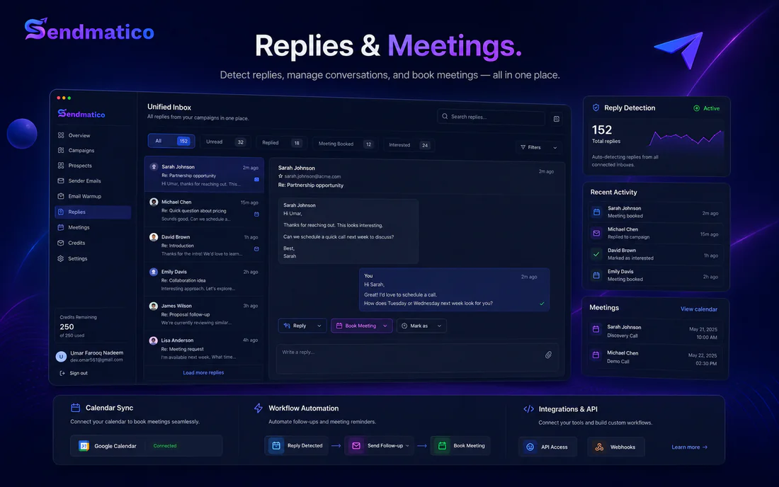 Sendmatico replies and meetings workflow product visual