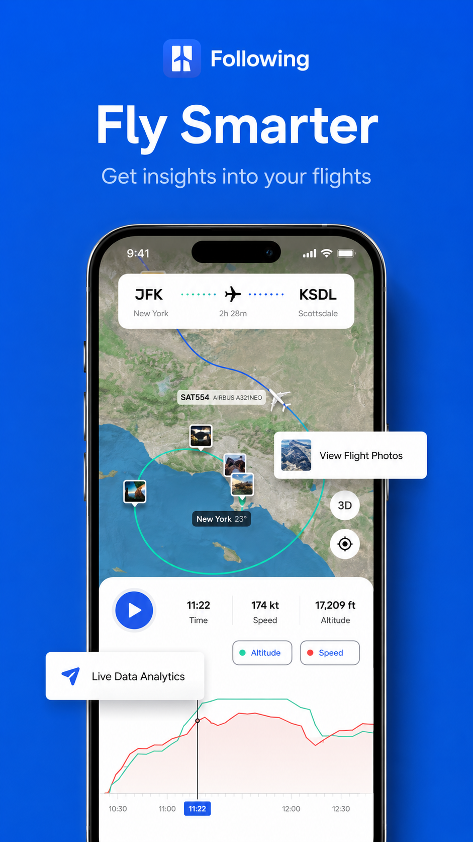 Following app Fly Smarter screen with flight insights and live data analytics