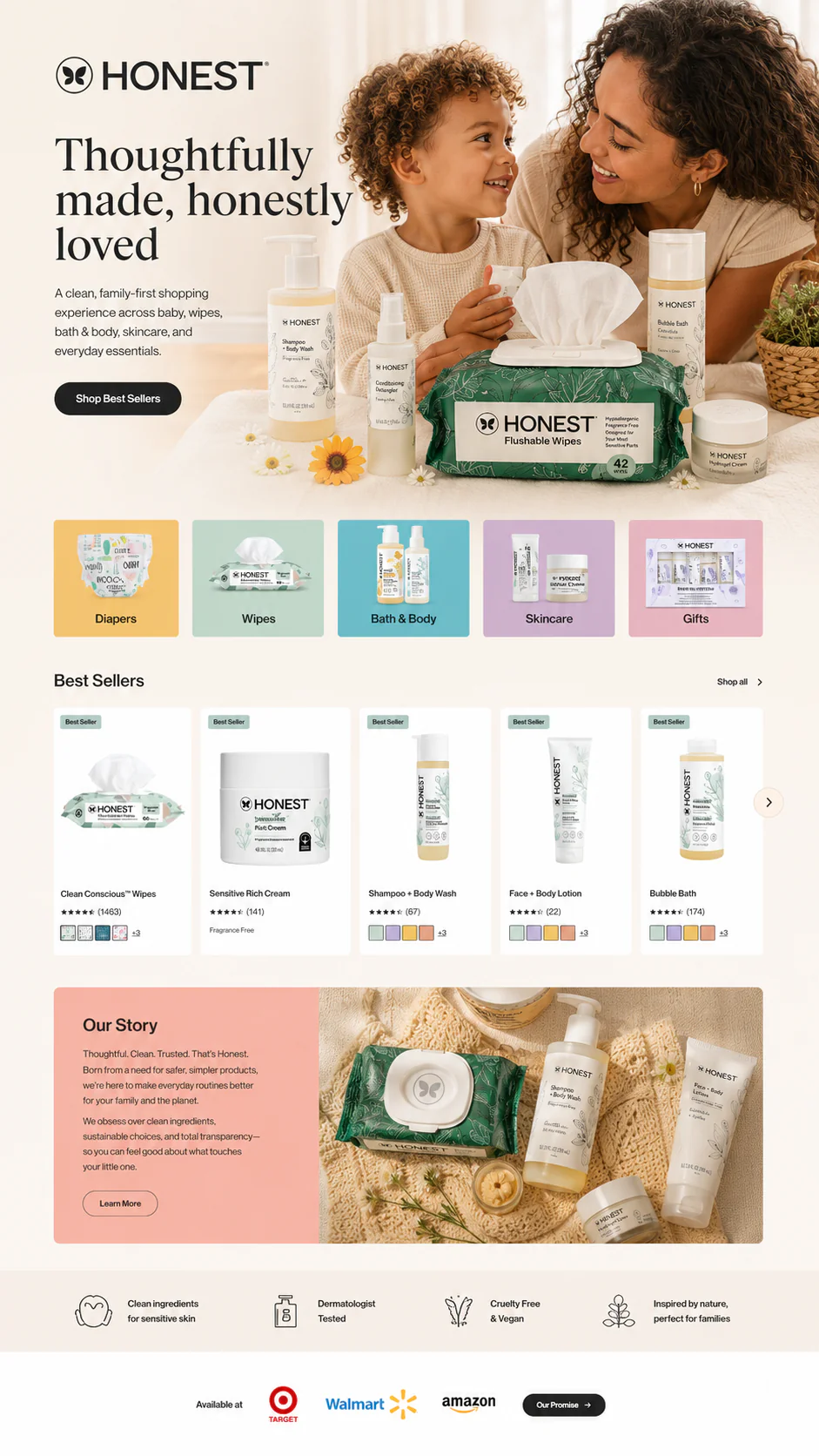 Honest homepage ecommerce experience showing category navigation, best sellers, brand storytelling, and clean consumer product presentation.