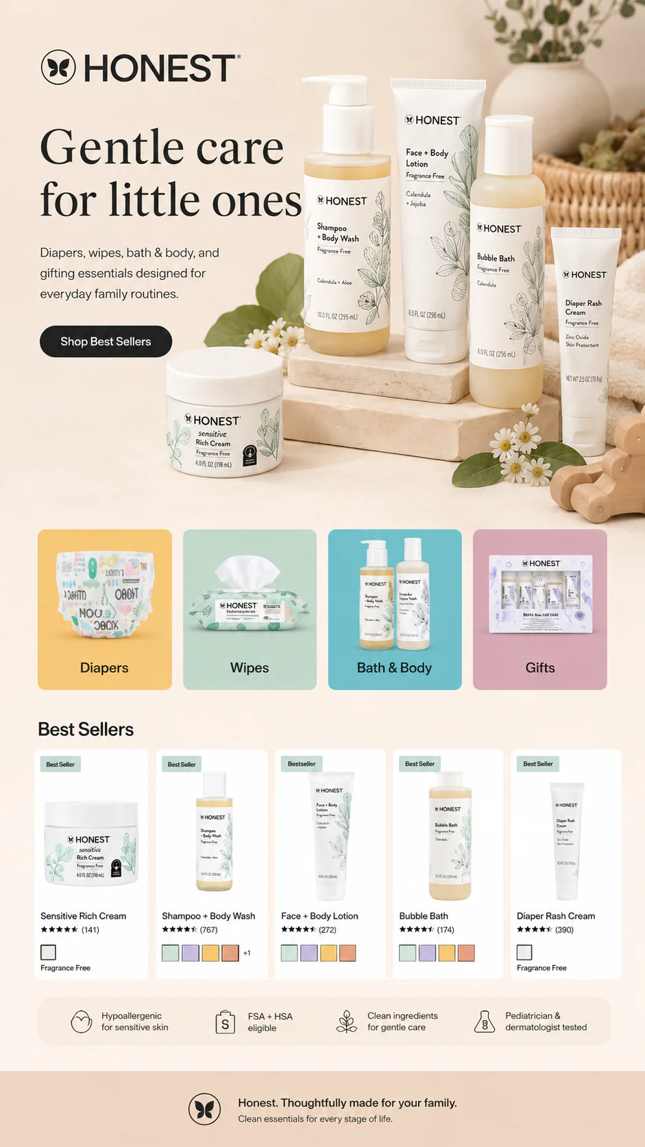 Honest baby care collection showing diapers, wipes, bath and body products, gifts, product cards, and family care shopping categories.