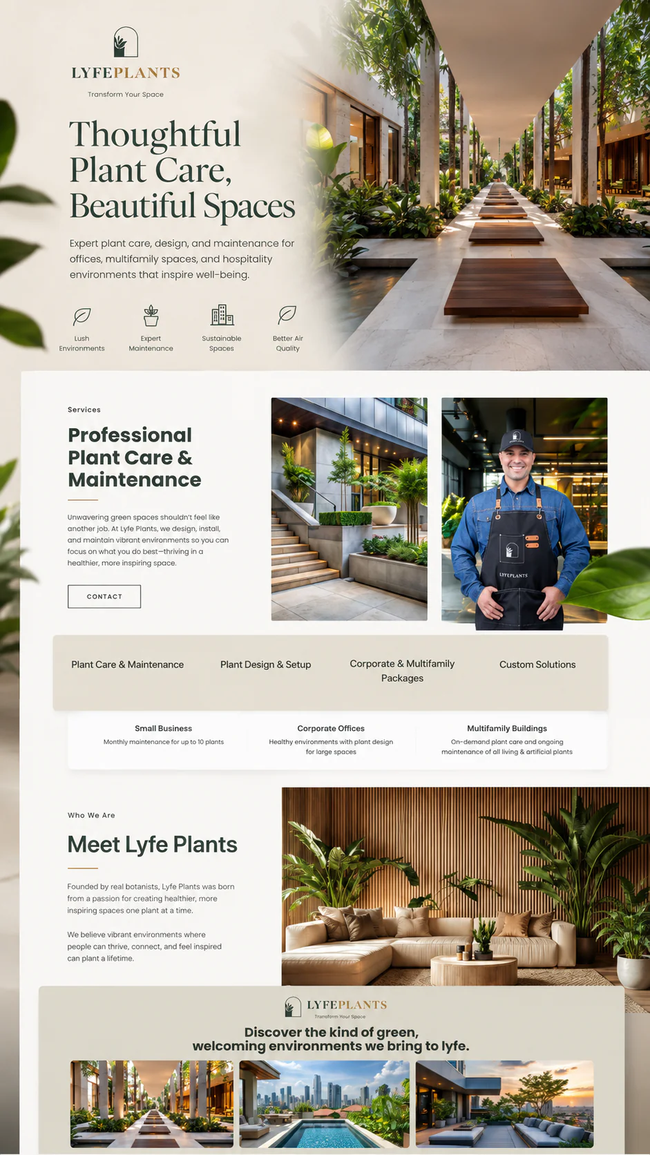 LyfePlants single-page website showcase featuring plant care services, green space benefits, brand story, environment gallery, and contact section.