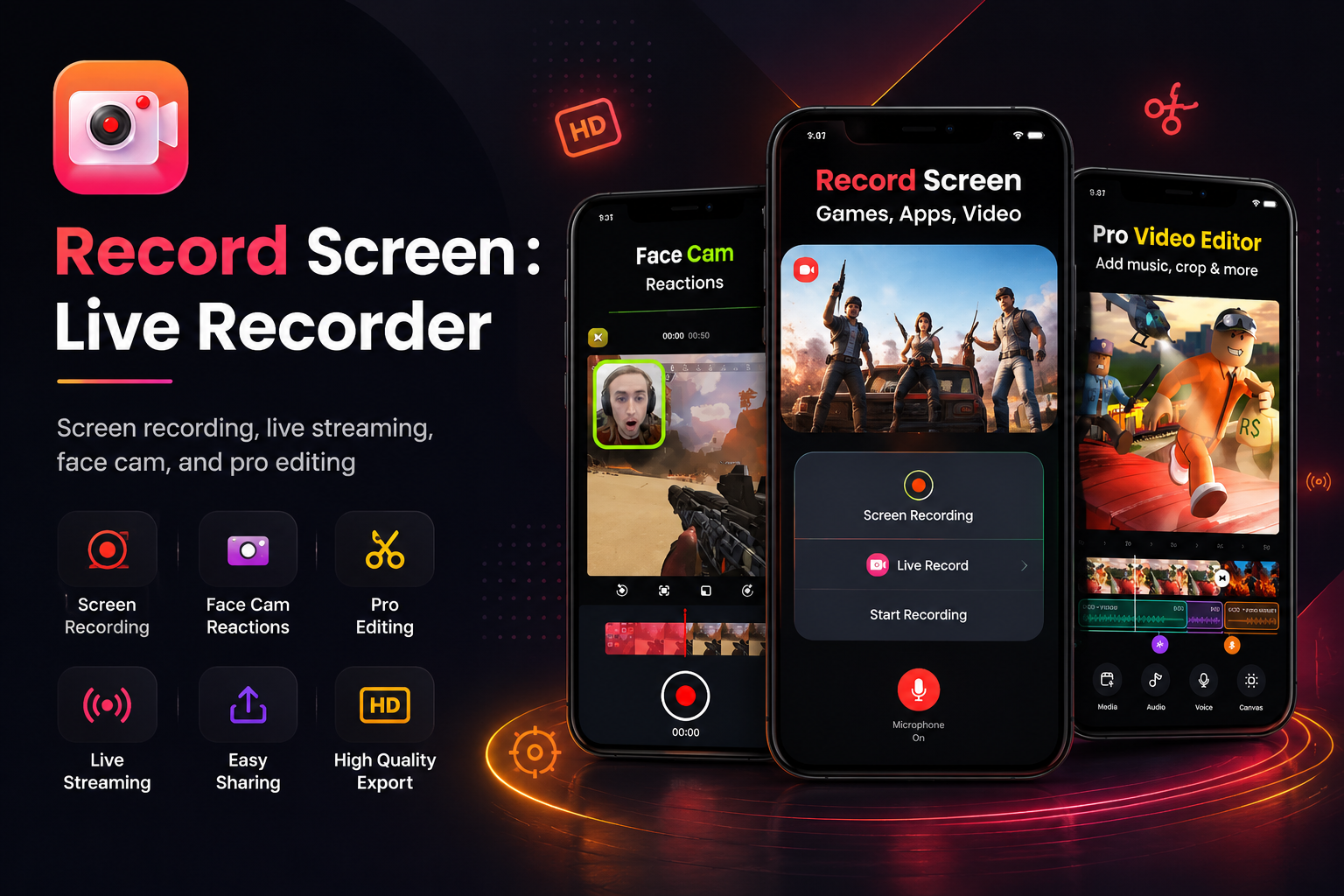 Record Screen Live Recorder app hero showing screen recording, live streaming, face cam, and video editing features